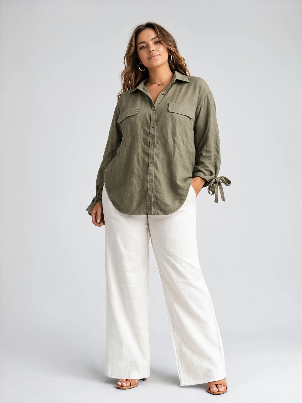 🍃 LAUREN RALPH LAUREN Olive Green Tie-Sleeve Button-Front 100% Linen Shirt